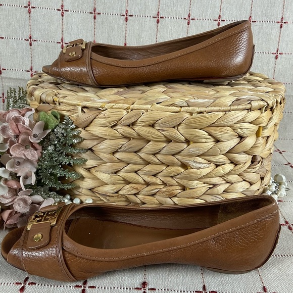 Tory Burch “Cline” Peep Toe Brown Pebble Leather Flats Women's Size 5 M PreLoved - Picture 7 of 8